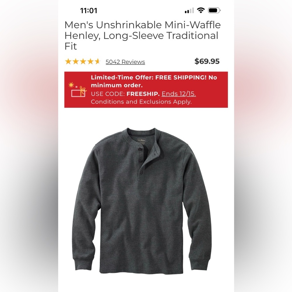 LL Bean Unshrinkable Waffle Henley